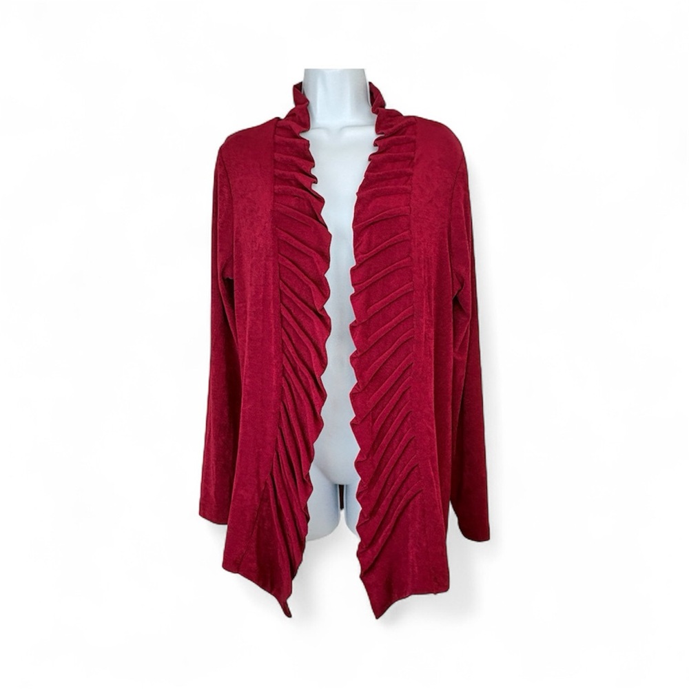 Chicos Travelers Womens Sz 8/10 Long Sleeve Ruffle Open Front Cardigan Burgundy